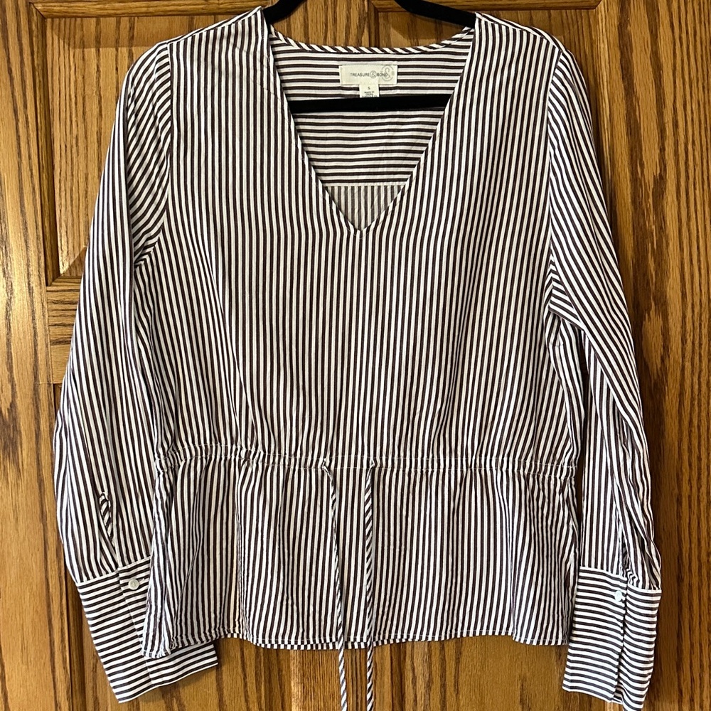 Treasure & Bond Burgundy and White Striped V-Neck Peplum Blouse, Size Small